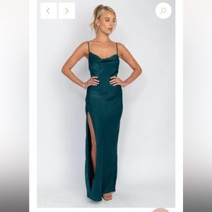 emerald green open back slip dress with slit